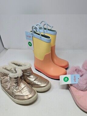 Cat & Jack Girls Size 10 Shoe Lot Bundle Fuzzy Slippers Ankle Rain Boots Pink